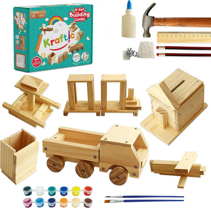 Kraftic Woodworking Building Kit for Kids, with 3 Educational DIY Carpentry Construction Wood Model Kit Toy Projects for Boys and Girls- Tractor, Bulldozer and Racing Car