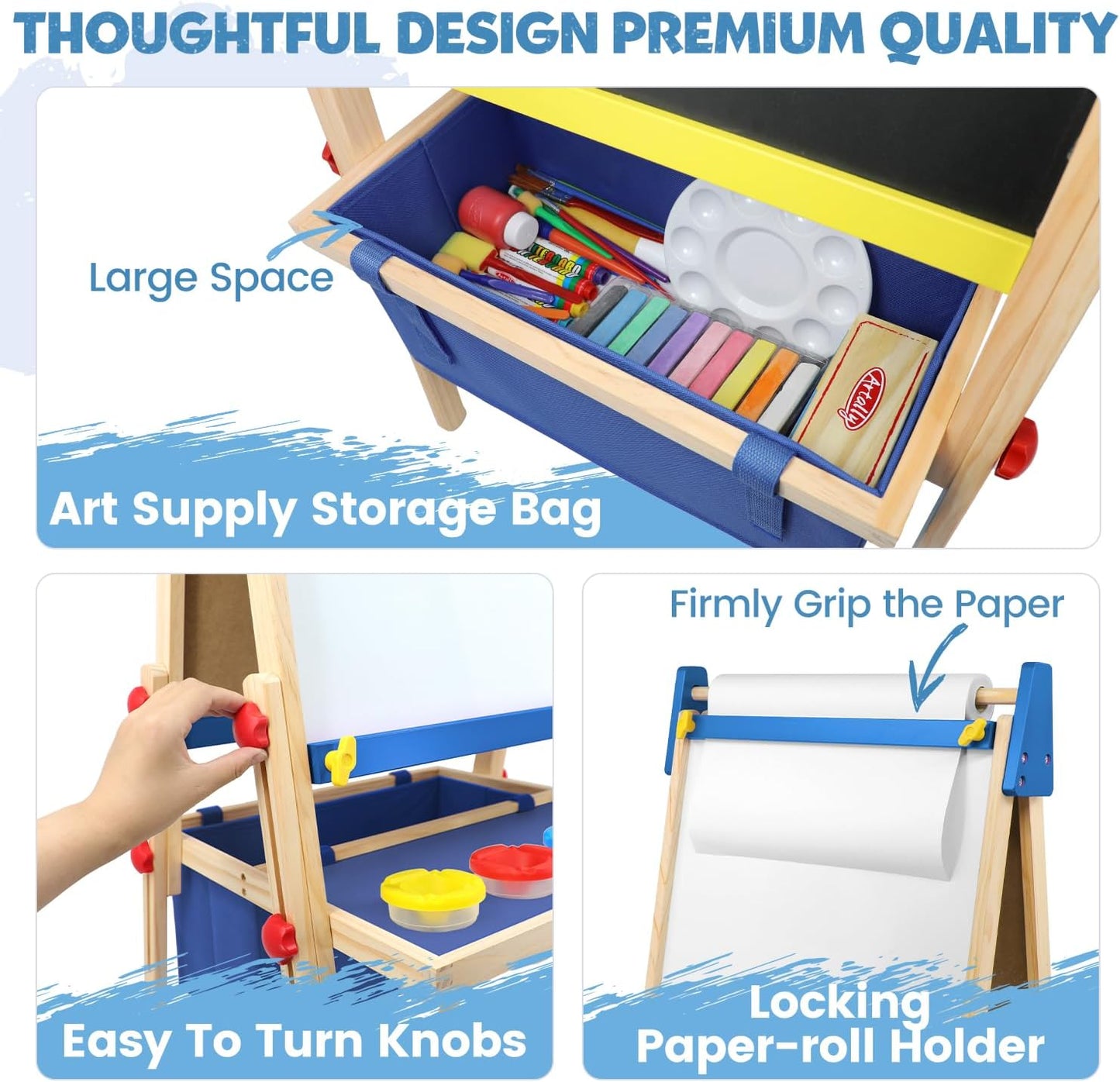Art Easel for Toddlers Kids, Adjustable Standing Art Easel with Magnetic Chalkboard & Whiteboard, Dry-Erase Board, Paper Roll, Drawing & Painting Easel for Kids Ages 3 4-8 9-12, Blue W/Bag