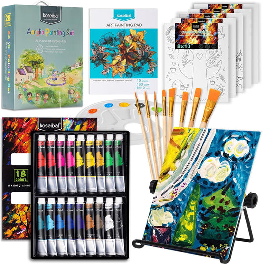 Koseibal Acrylic Paint Set for Kids, Art Painting Supplies Kit with 18 Paints, 5 Canvas Panels, 8 Brushes, Table Easel, Etc, Premium Paint Set for Students, Artists and Beginner.