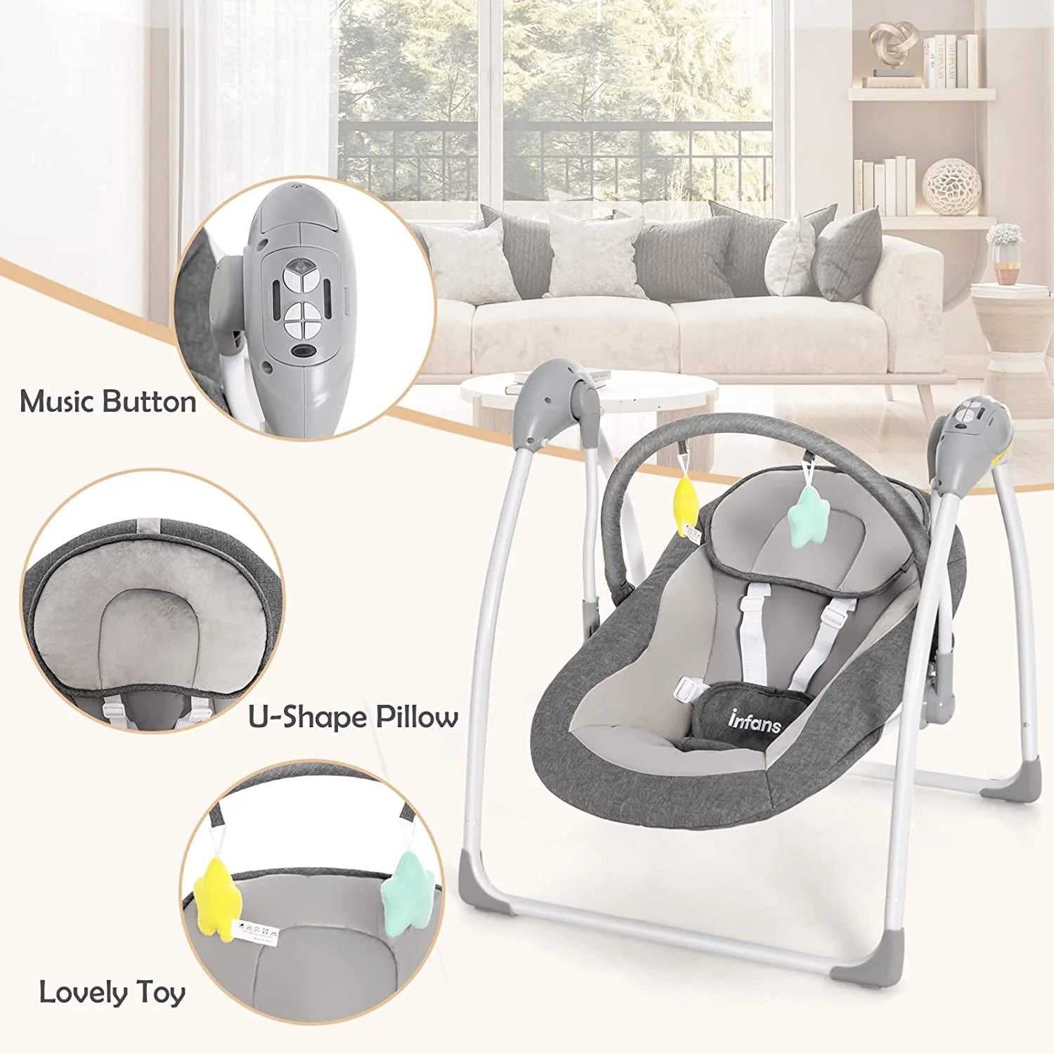 Baby Swing for Infants, Compact Portable Electric Baby Rocker for Newborn W/ 5 Speeds Timing