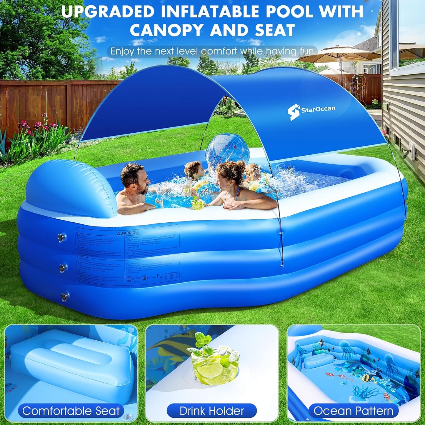 Starocean Inflatable Pool with Canopy, Large Inflatable Swimming Pool for Kids,Adult, Blowup Pools with Seats,Backrest.Durable Thickened Inflatable Family Pools for Backyard,Dark Blue-118"X75"X22"