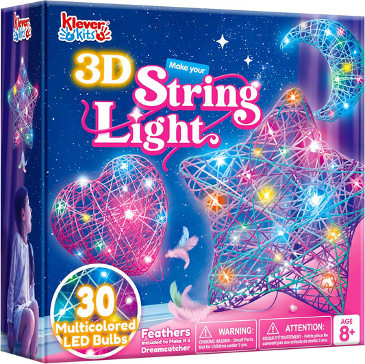 Klever Kits 3D String Art Kit for Kids, Light up String Light Toy with 30 Multi-Colored LED Bulbs, Arts and Crafts Set, Birthday Gifts for Girls and Boys Ages 8+