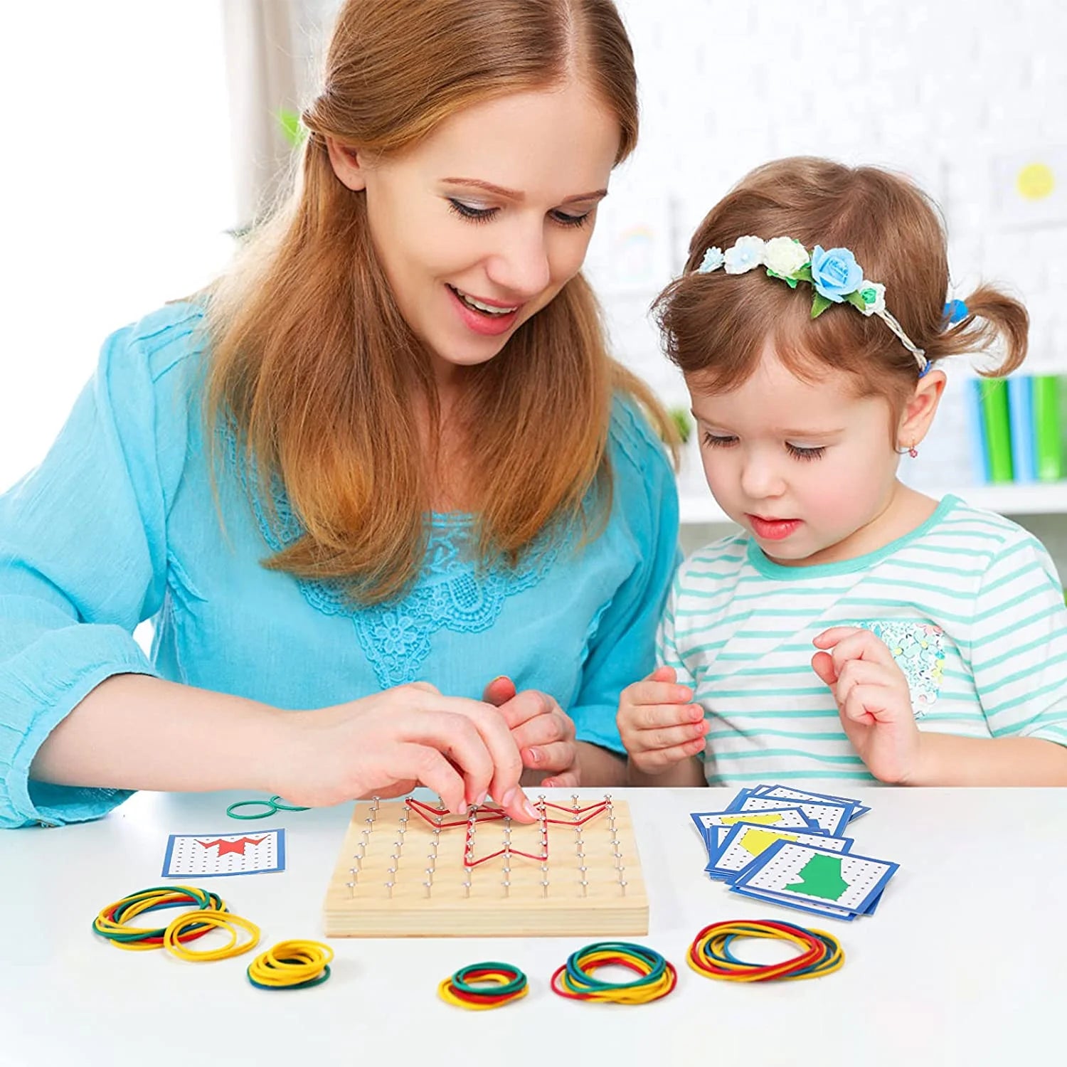 STEM Block Geo Board Graphical Educational Toys, Kids Montessori Geoboard Mathematical Manipulative Array Block with Pattern Cards and Rubber Bands Matrix 8X8 Brain Teaser Toys