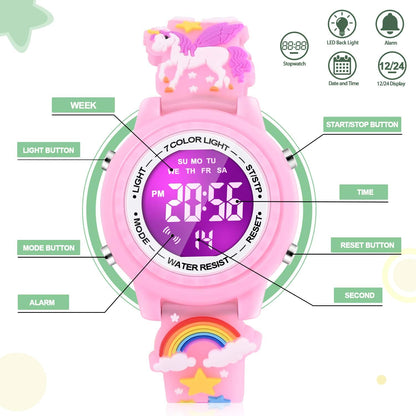 3D Cartoon Waterproof Children's Watches with Alarm - Ideal Gift for Girls Aged 3-10