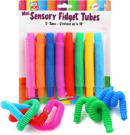 Playkidiz Pop Tubes - 8 Pack Mini 5" Sensory Fidget Tubes, Extending Up to 18" Long, Stress Relief Toy for Children Ages 3 and Up