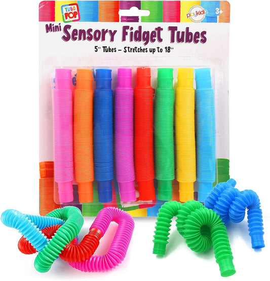 Playkidiz Pop Tubes - 8 Pack Mini 5" Sensory Fidget Tubes, Extending Up to 18" Long, Stress Relief Toy for Children Ages 3 and Up