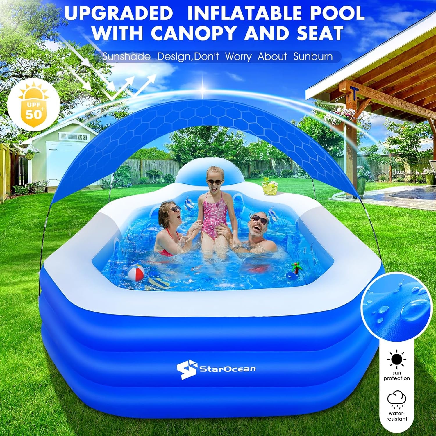 Starocean Inflatable Pool with Canopy, Large Inflatable Swimming Pool for Kids,Adult, Blowup Pools with Seats,Backrest.Durable Thickened Inflatable Family Pools for Backyard,Dark Blue-118"X75"X22"