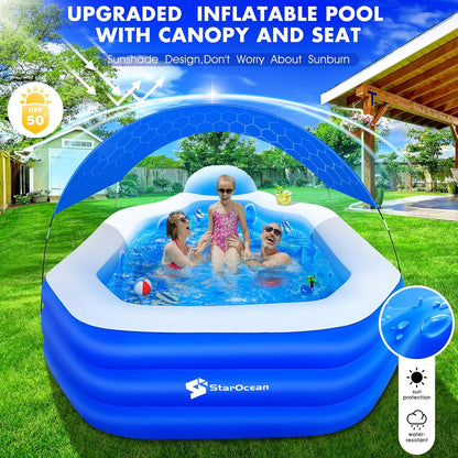 Starocean Inflatable Pool with Canopy, Large Inflatable Swimming Pool for Kids,Adult, Blowup Pools with Seats,Backrest.Durable Thickened Inflatable Family Pools for Backyard,Dark Blue-118"X75"X22"