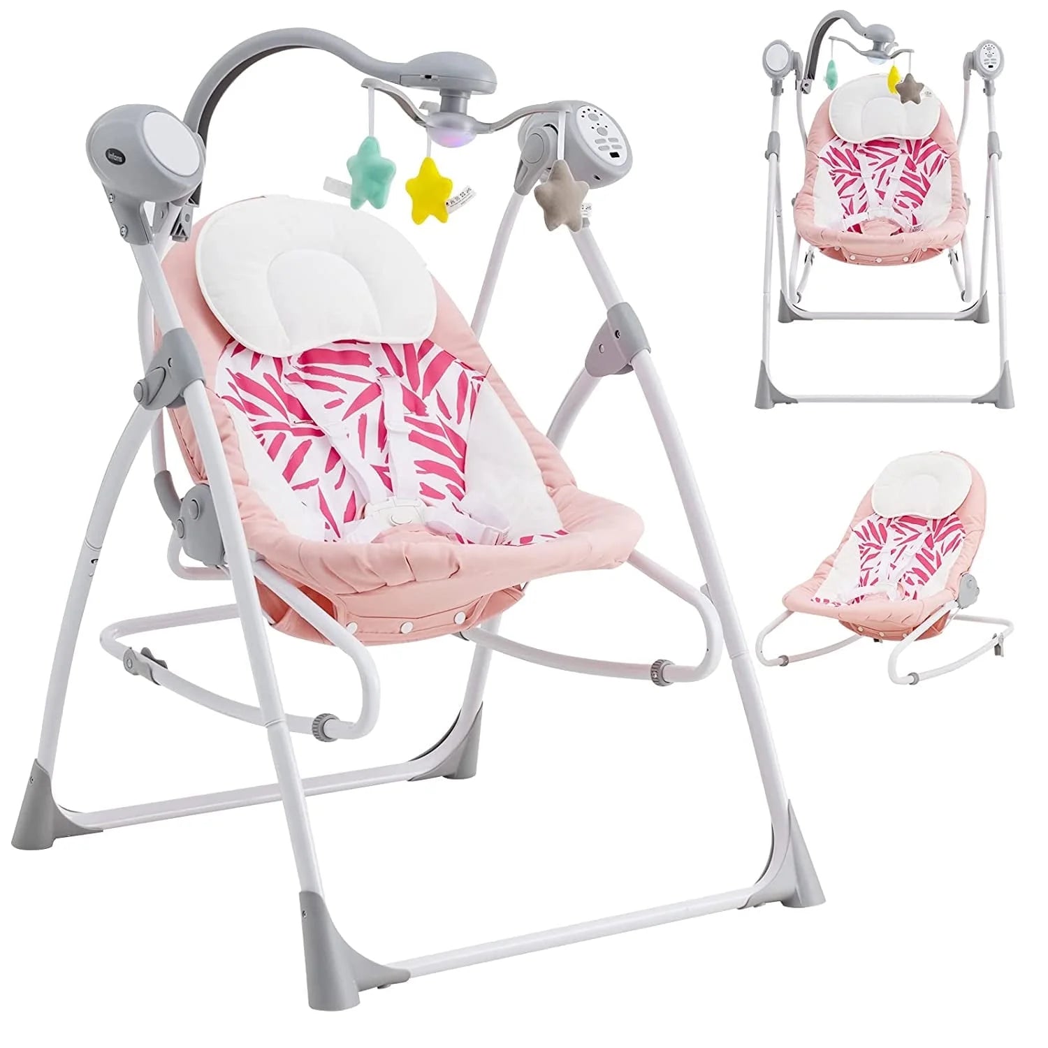 2 in 1 Baby Swing and Bouncer for Infants, Portable Newborn Rocker with 5 Speed Sway Music Timing 3 Toys Remote Control, Easy Fold, Compact Electric Baby Swing for 0-6 Months Boy Girl (Pink)
