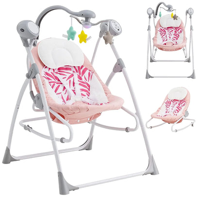 2 in 1 Baby Swing and Bouncer for Infants, Portable Newborn Rocker with 5 Speed Sway Music Timing 3 Toys Remote Control, Easy Fold, Compact Electric Baby Swing for 0-6 Months Boy Girl (Pink)
