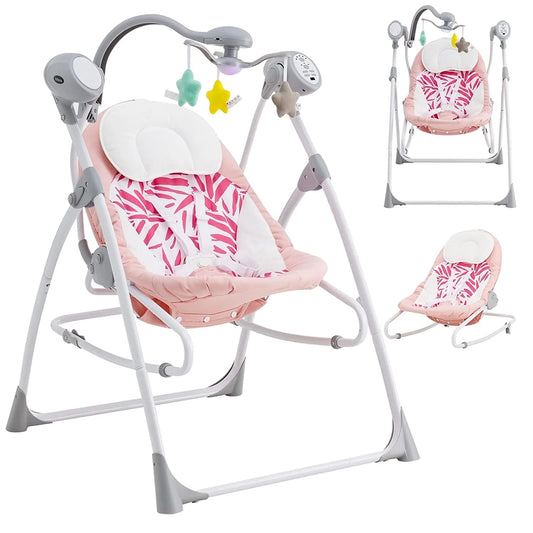 2 in 1 Baby Swing and Bouncer for Infants, Portable Newborn Rocker with 5 Speed Sway Music Timing 3 Toys Remote Control, Easy Fold, Compact Electric Baby Swing for 0-6 Months Boy Girl (Pink)