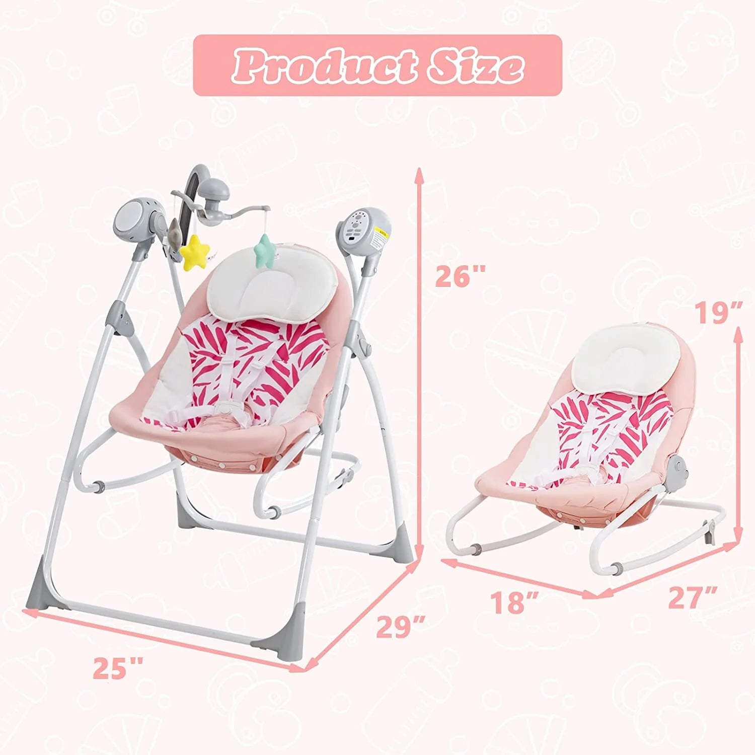 2 in 1 Baby Swing and Bouncer for Infants, Portable Newborn Rocker with 5 Speed Sway Music Timing 3 Toys Remote Control, Easy Fold, Compact Electric Baby Swing for 0-6 Months Boy Girl (Pink)
