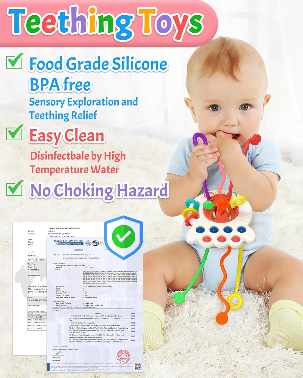Yetonamr Baby Sensory Montessori Toys for 6-12-18 Months, Pull String Silicone Teething Toy, Toddler Birthday Gift Travel Toy for 1 2 Year Old Boy Girl Infant 8 9 10 Months Old