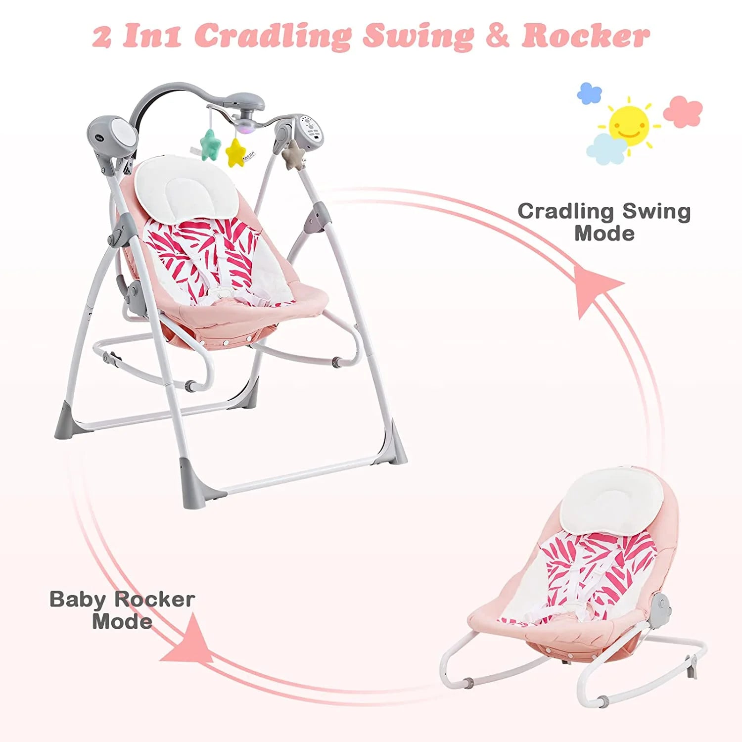 2 in 1 Baby Swing and Bouncer for Infants, Portable Newborn Rocker with 5 Speed Sway Music Timing 3 Toys Remote Control, Easy Fold, Compact Electric Baby Swing for 0-6 Months Boy Girl (Pink)