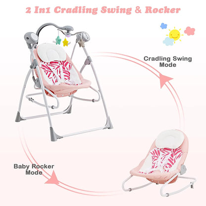 2 in 1 Baby Swing and Bouncer for Infants, Portable Newborn Rocker with 5 Speed Sway Music Timing 3 Toys Remote Control, Easy Fold, Compact Electric Baby Swing for 0-6 Months Boy Girl (Pink)