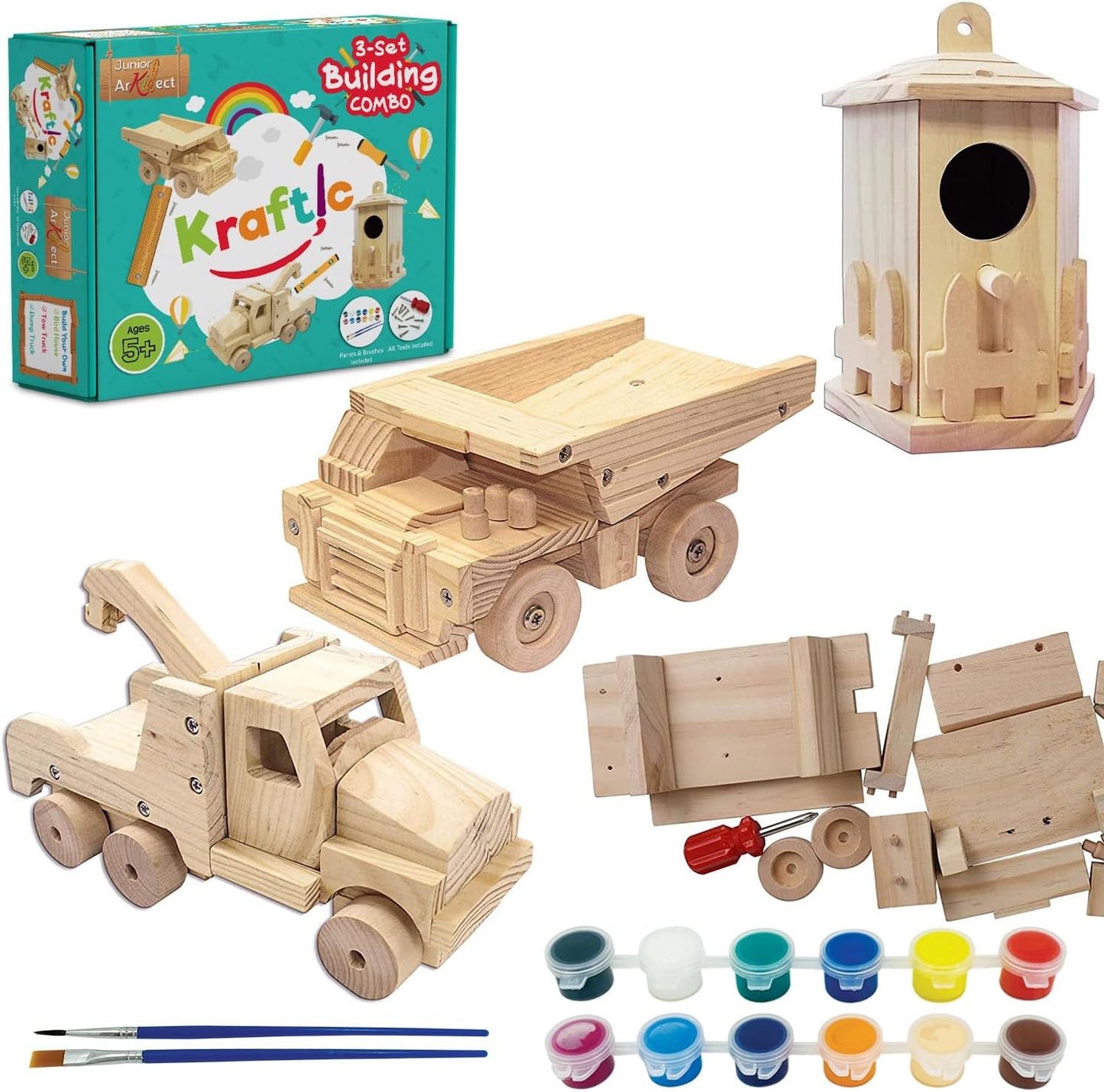 Kraftic Woodworking Building Kit for Kids, with 3 Educational DIY Carpentry Construction Wood Model Kit Toy Projects for Boys and Girls- Tractor, Bulldozer and Racing Car