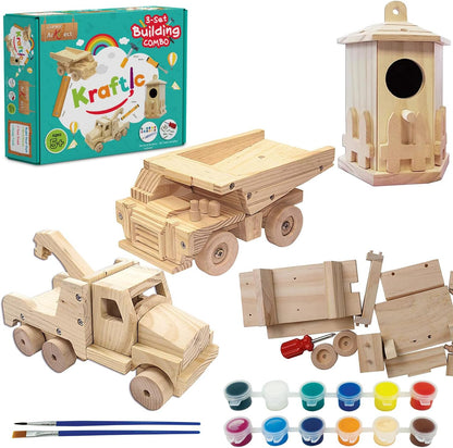 Kraftic Woodworking Building Kit for Kids, with 3 Educational DIY Carpentry Construction Wood Model Kit Toy Projects for Boys and Girls- Tractor, Bulldozer and Racing Car