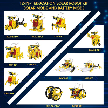 Solar Robot Kit for Kids Age 8-12, STEM Building Toys,12-In-1 Build Your Own Robot with Solar Panel & Battery Power, Science Engineering Christmas Birthday Idea Gifts for Boy Age 8 9 10 11 12