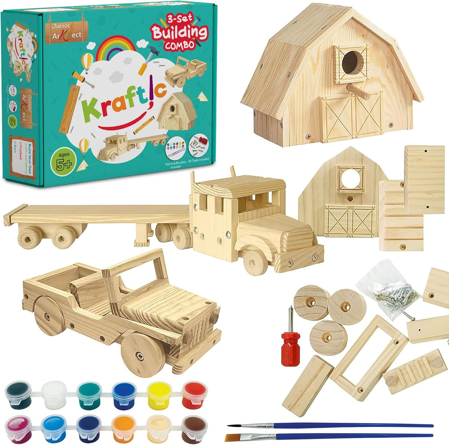 Kraftic Woodworking Building Kit for Kids, with 3 Educational DIY Carpentry Construction Wood Model Kit Toy Projects for Boys and Girls- Tractor, Bulldozer and Racing Car