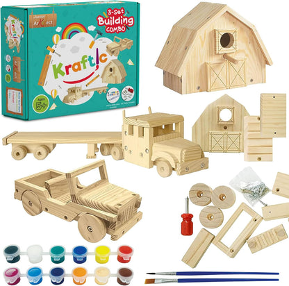 Kraftic Woodworking Building Kit for Kids, with 3 Educational DIY Carpentry Construction Wood Model Kit Toy Projects for Boys and Girls- Tractor, Bulldozer and Racing Car