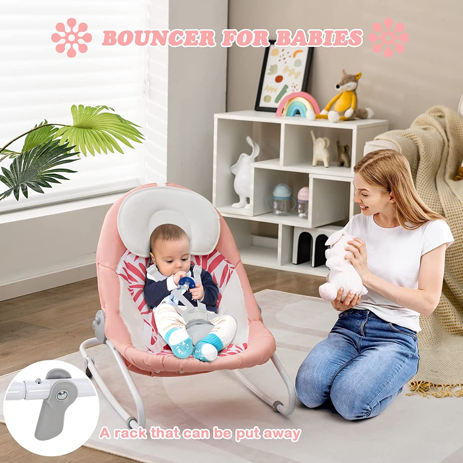 2 in 1 Baby Swing and Bouncer for Infants, Portable Newborn Rocker with 5 Speed Sway Music Timing 3 Toys Remote Control, Easy Fold, Compact Electric Baby Swing for 0-6 Months Boy Girl (Pink)