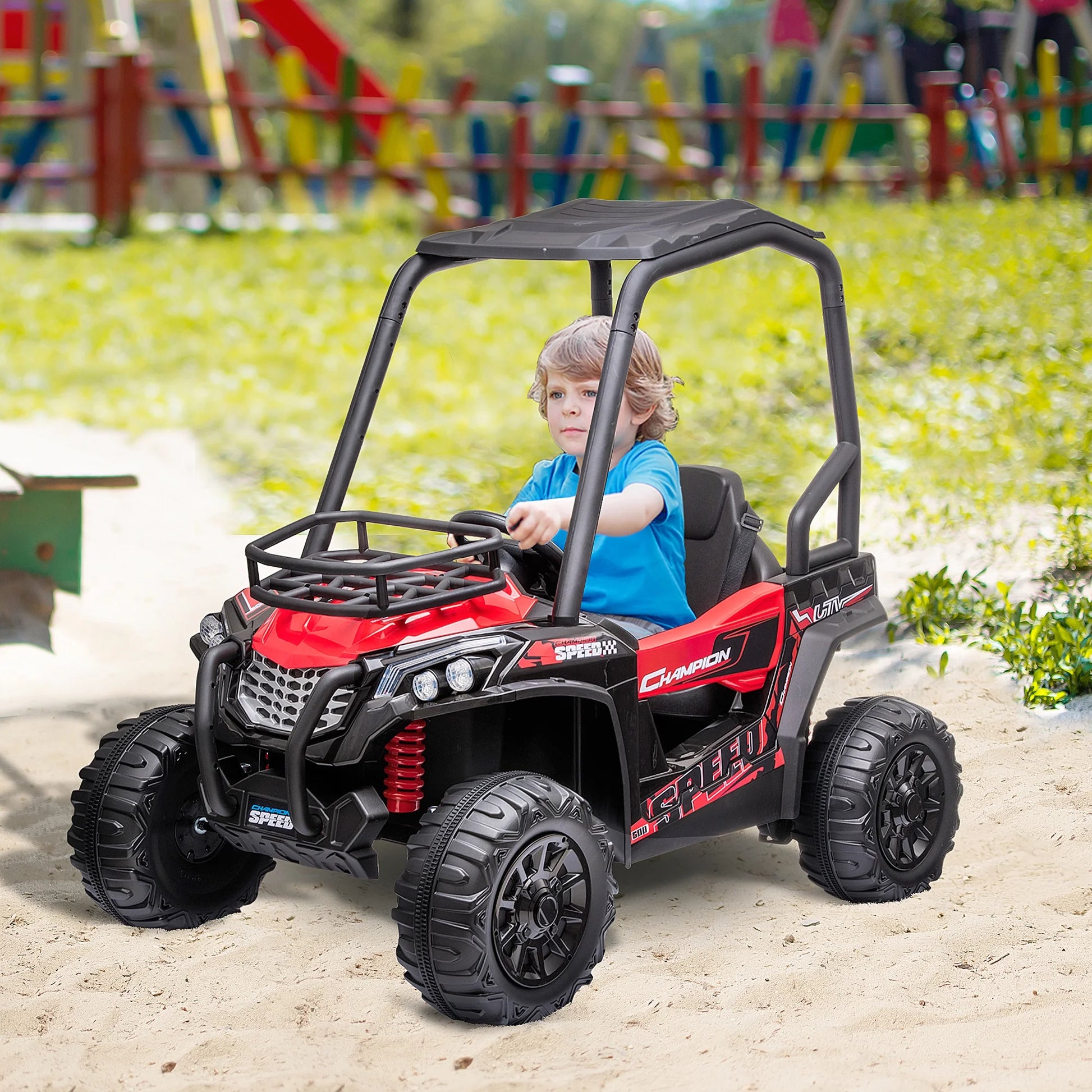 12V Dual Motor Kids UTV, Battery Powered Electric Ride on Truck with Forward and Reverse Function, Lights, MP3/USB, Suspension, Remote Control, Red