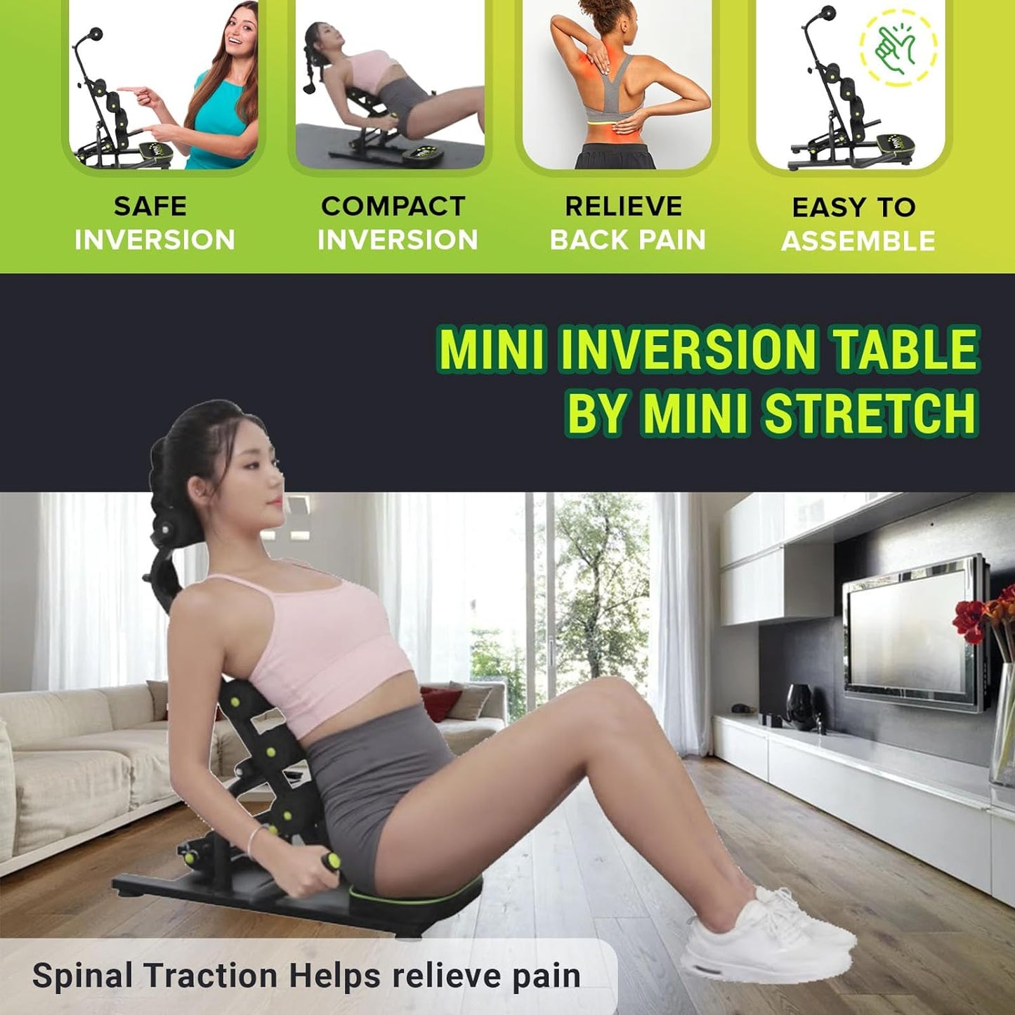 Mini Inversion Table by Mini Stretch - Effective Back Pain Relief, Spine Realignment, and Back/Neck Stretching with 330 lbs Weight Capacity and Compact Foldable Design