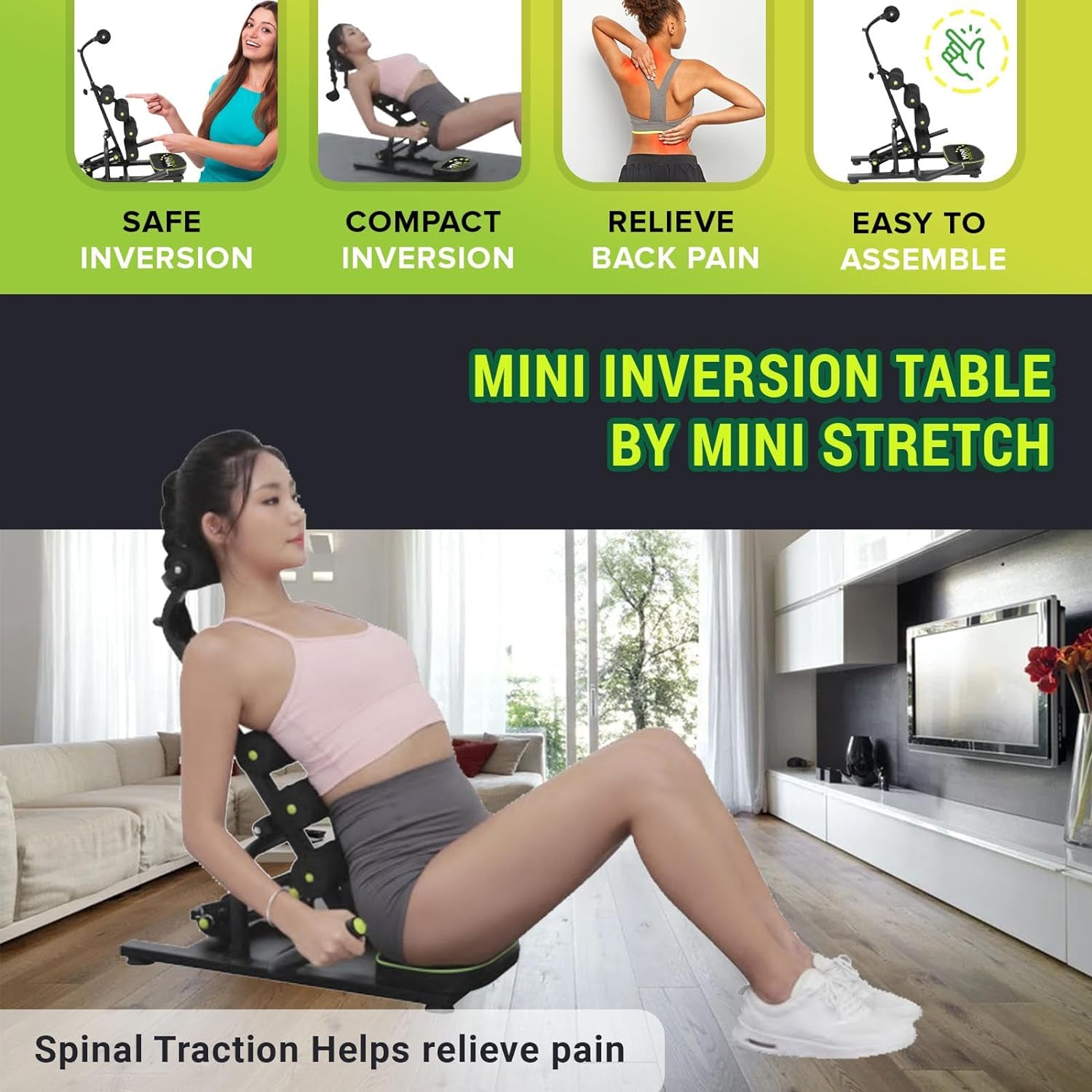 Mini Inversion Table by Mini Stretch - Effective Back Pain Relief, Spine Realignment, and Back/Neck Stretching with 330 lbs Weight Capacity and Compact Foldable Design