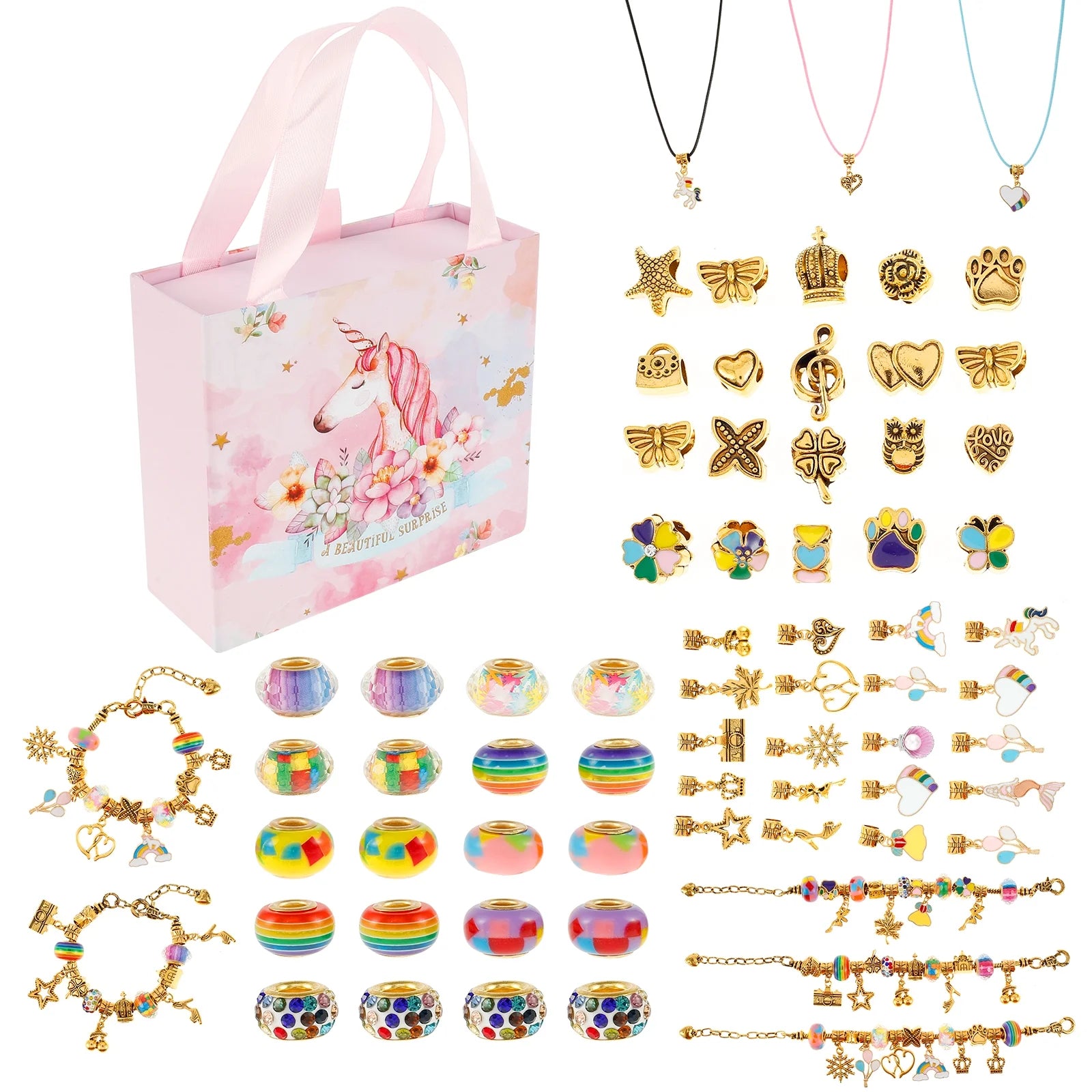 Charm Bracelet Making Kit, Jewellery Making Kit for Girls Gorgeous Rainbow Beads/Mermaid Crafts Gifts Set,Jewelry Making DIY Necklaces Bracelets Headbands Craft Set with Gift Box(67Pcs)