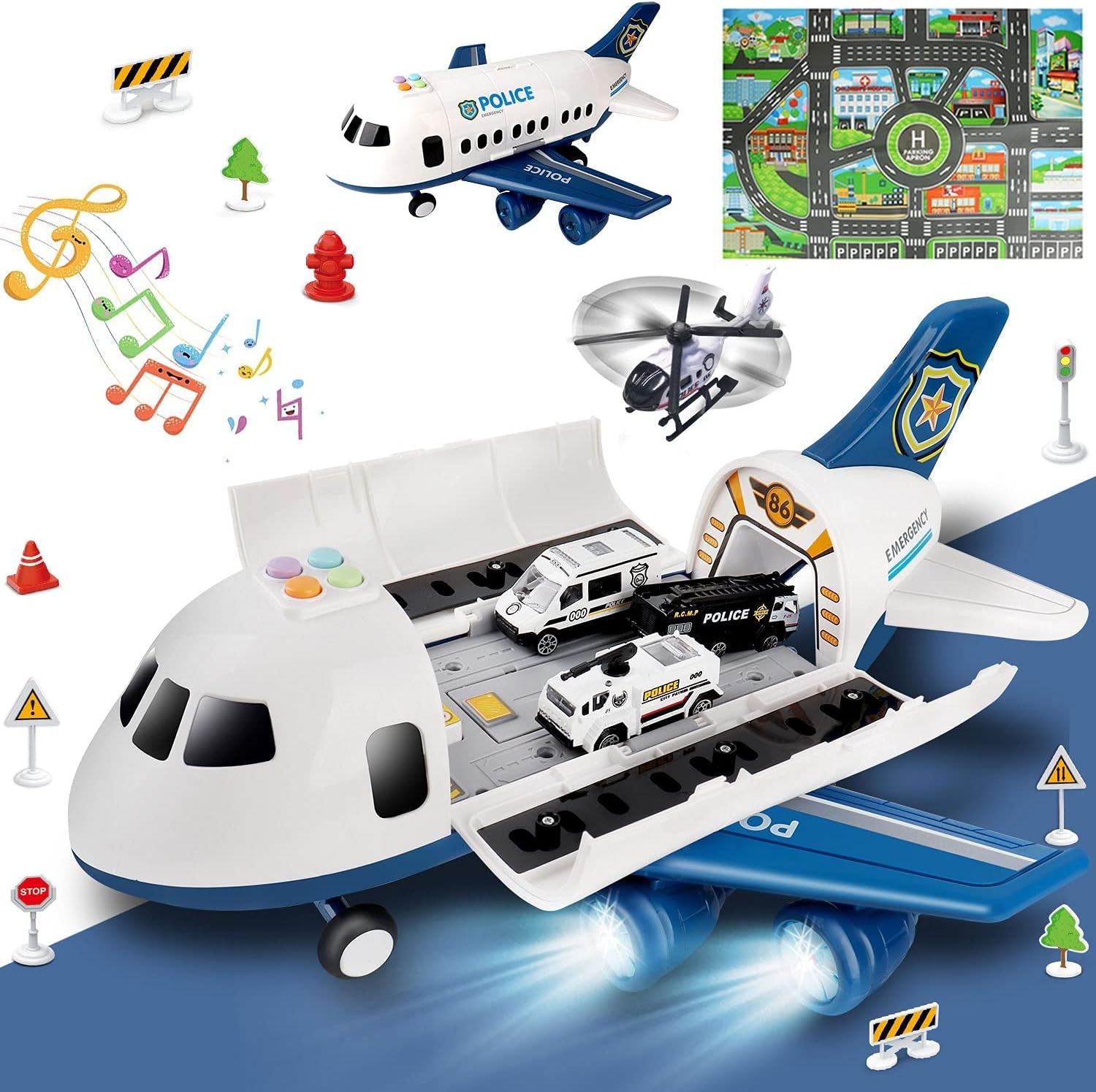 Dwi Dowellin 20-in-1 Transport Carrier Vehicle Set for Toddlers: Cargo Airplane and Police Toys for Boys and Girls Ages 2-7