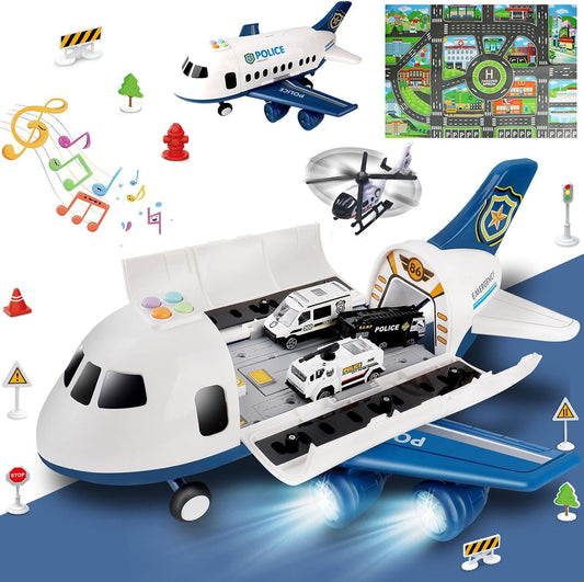 Dwi Dowellin 20-in-1 Transport Carrier Vehicle Set for Toddlers: Cargo Airplane and Police Toys for Boys and Girls Ages 2-7