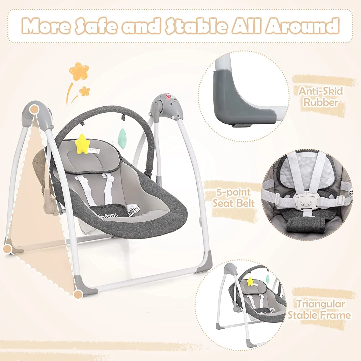 Baby Swing for Infants, Compact Portable Electric Baby Rocker for Newborn W/ 5 Speeds Timing