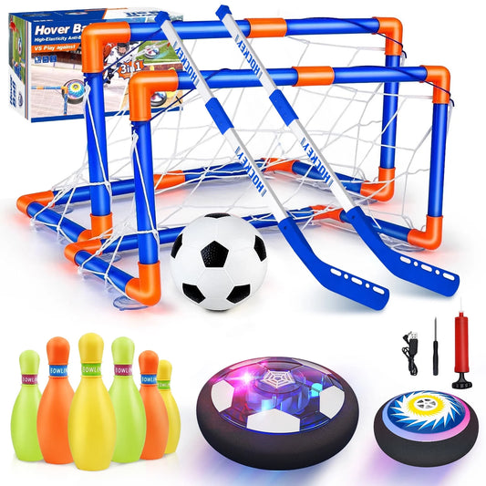 Hover Soccer Ball Set, 3-In-1 LED Soccer Hockey Bowling Set Indoor/Outdoor Toys, Gifts for 3 4 5 6 7 8+ Years Boy Girl