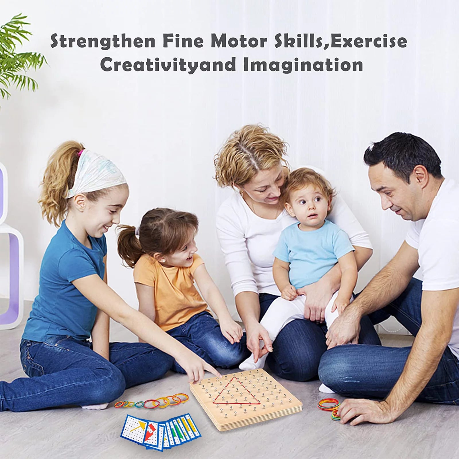 STEM Block Geo Board Graphical Educational Toys, Kids Montessori Geoboard Mathematical Manipulative Array Block with Pattern Cards and Rubber Bands Matrix 8X8 Brain Teaser Toys