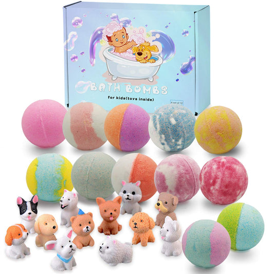 3.5 Oz XL Bath Bombs for Children with Hidden Puppy Toys - Organic Colorful Bubble Bath Fizzies, 12 Piece Set - Ideal Birthday or Christmas Gift for Boys and Girls