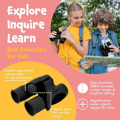 Think Peak Black Binoculars - Compact STEM Educational Outdoor Adventure Toy for Children Ages 4-8, Ideal for Bird Watching, Camping, and Nature Exploration