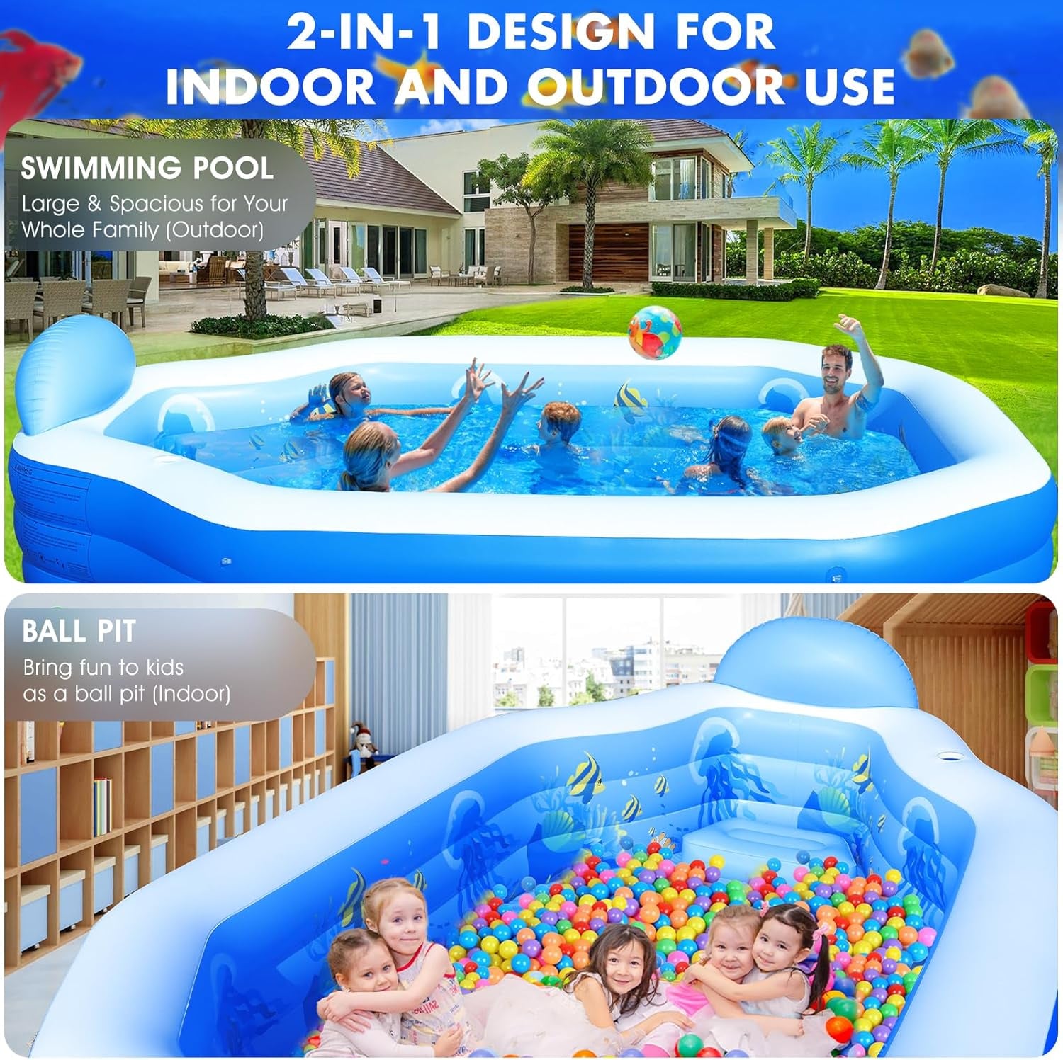 Starocean Inflatable Pool with Canopy, Large Inflatable Swimming Pool for Kids,Adult, Blowup Pools with Seats,Backrest.Durable Thickened Inflatable Family Pools for Backyard,Dark Blue-118"X75"X22"