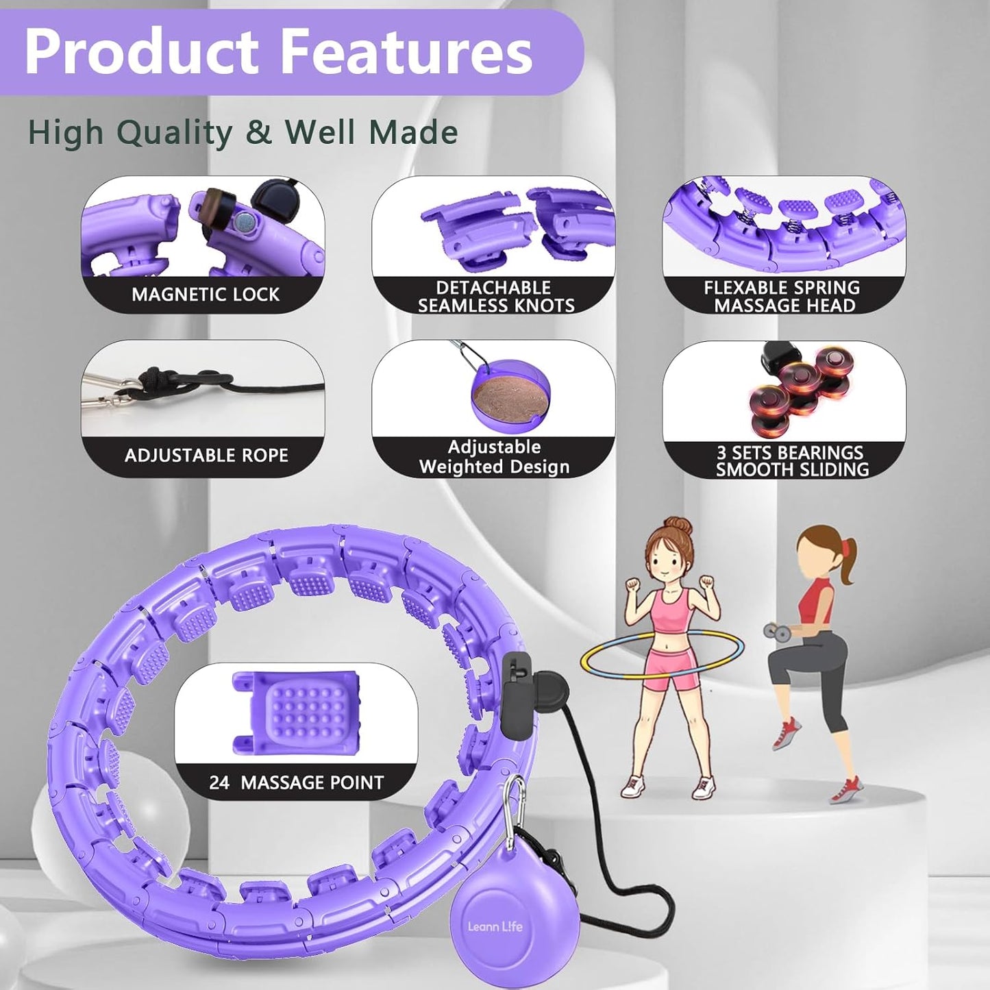 U5-16 Knots Waist 28”- 46”, Silent Smart Weighted Hula Hoop for Adults Weight Loss, Infinity Hoop plus Size, Home Outdoors Fitness Exercise, Abdominal Toner